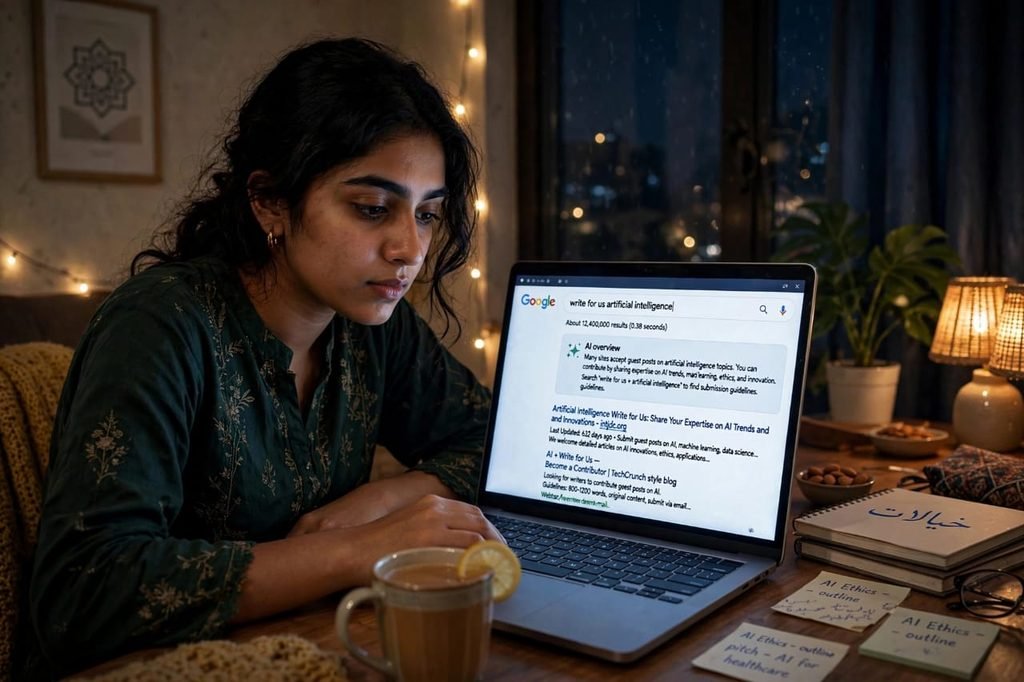 Writing for AI blogs - girl writing on laptop